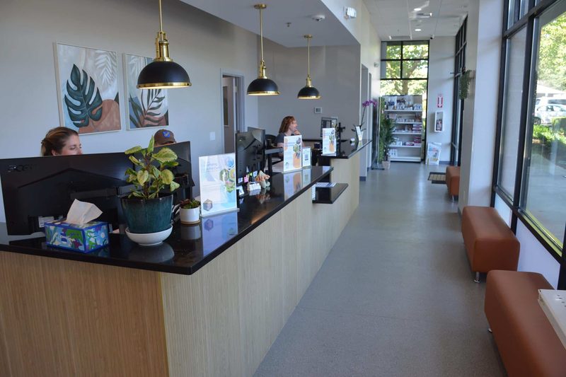 The front desk and waiting area at Martha Lake Vet Clinic