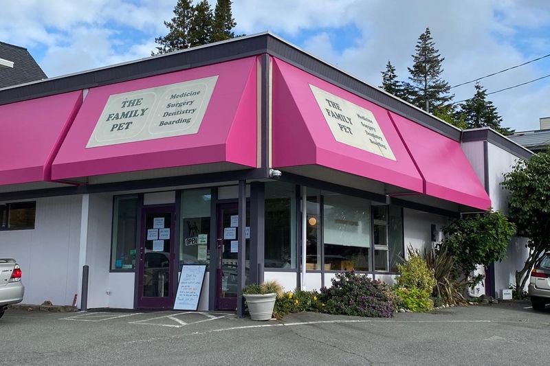 The Family Pet's building on 15th Ave NW, with its pink awnings
